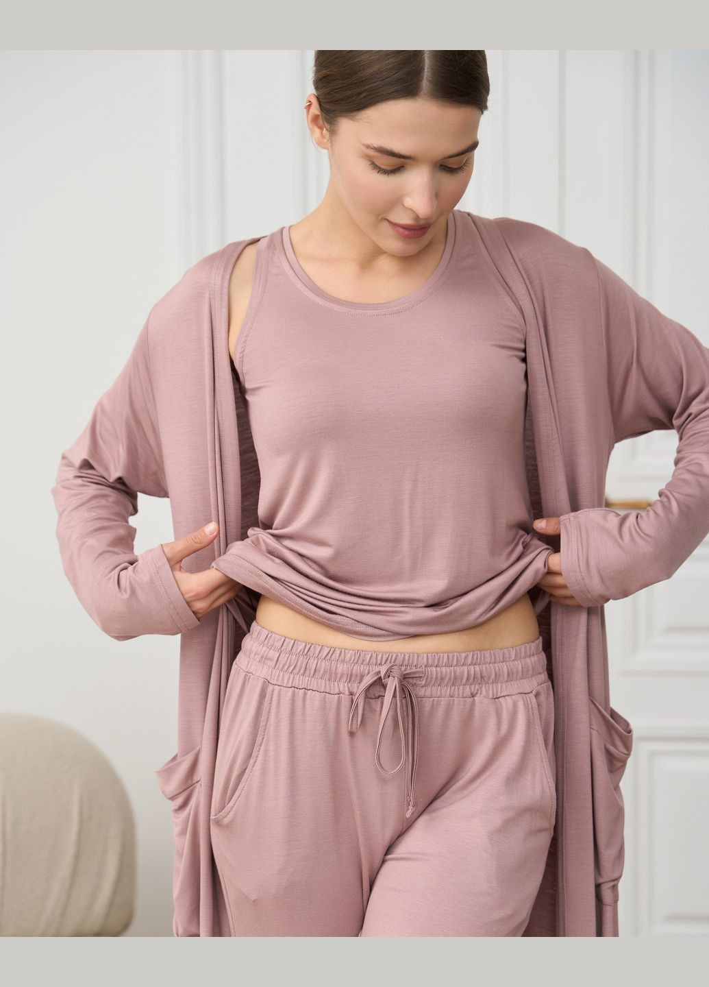 Пудрова комплект-трійка однотонна майка, штани та халат Nicoletta