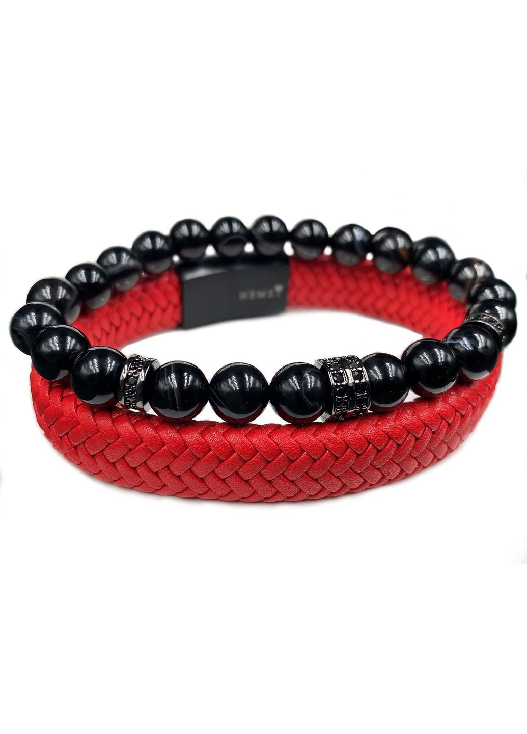 Комплект браслетів зі шкіри червоного кольору та натурального агату з дисками (12131) Hemst (301071150)