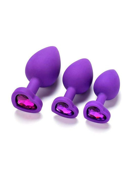 Набір силіконових анальних пробок "Сердечко" з кристалом - Фіолетовий - 3 шт (S/M/L) - Анальні іграшки No Brand (322400372)