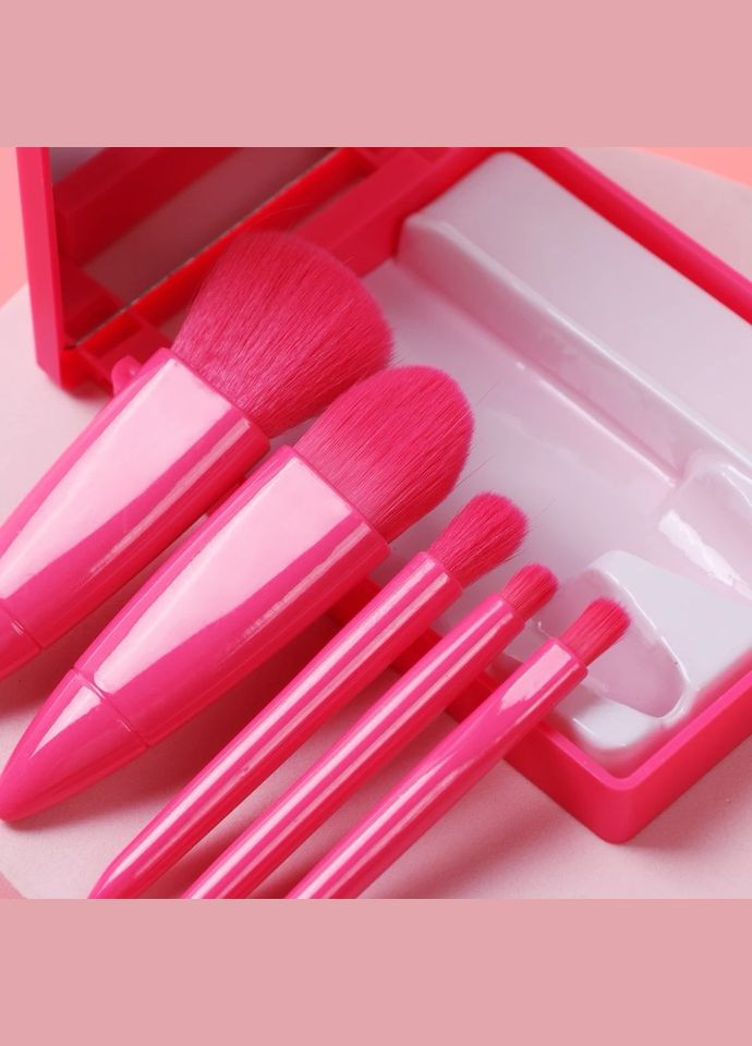 Кишеньковий набір пензликів для макіяжу в органайзері з дзеркалом 5 шт Яскраво-рожевий No Brand (306554491)