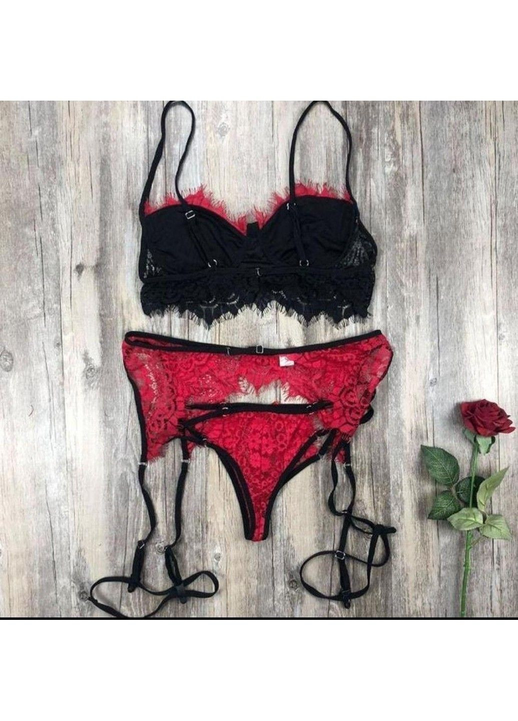 Красный сексуальный кружевной комплект с портупеей и подвязками для чулков – эротическое бельё No Brand