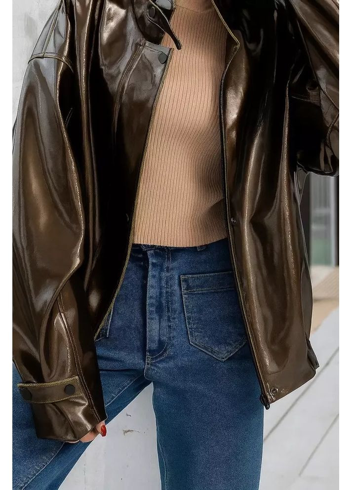 Оливкова (хакі) демісезонна жіноча куртка-бомбер лакова mkvs5019-903 Volsar