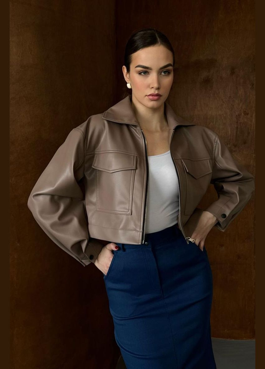 Кофейная демисезонная куртка с экокожи No Brand