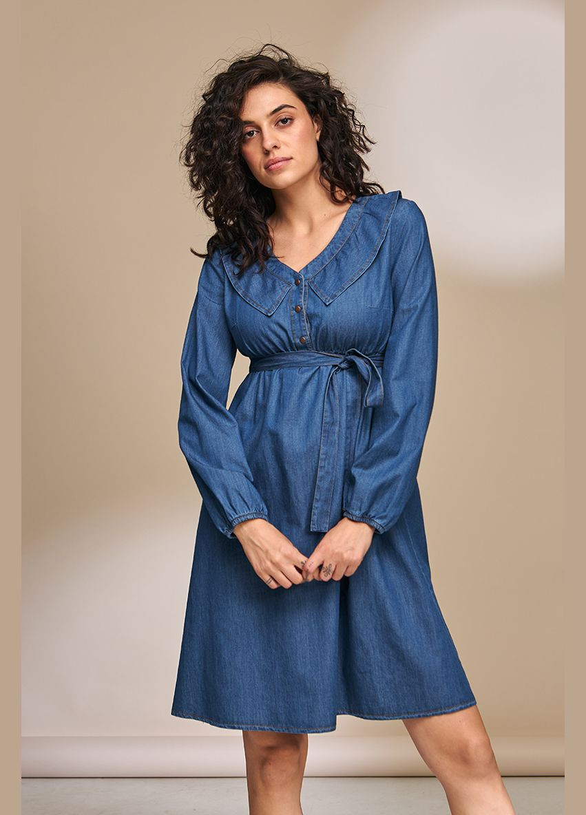 Синее джинсовое платье для беременных и кормящих синее с поясом Юла мама