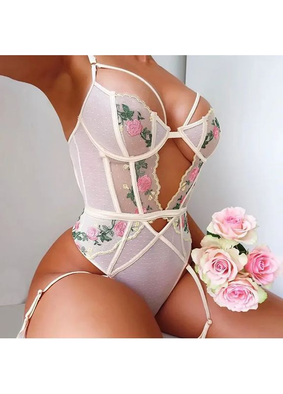 Кружевный боди с подтяжками и вышивкой и косточками и кнопками в зоне паха. Кружевной боди с подтяжками и вышивкой China (361441574)