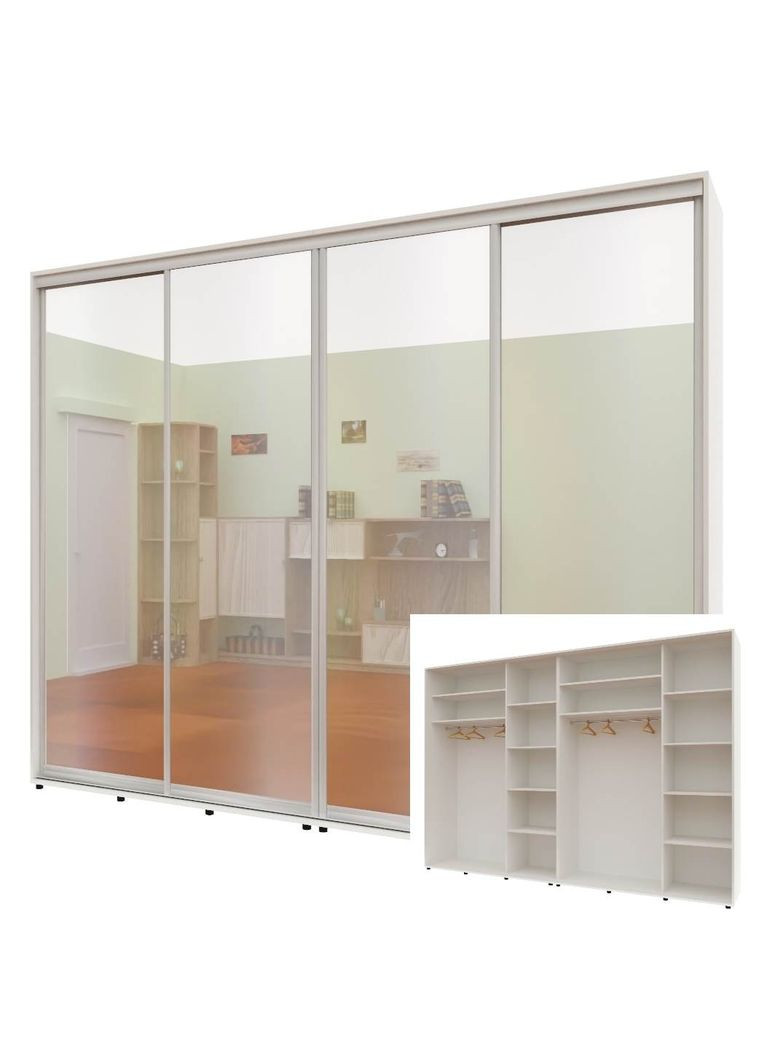 Шафа-купе чотиридверна 280*45*210 см Білий 4 двері Дзеркало Стандарт Комфорт Меблі (360433904)
