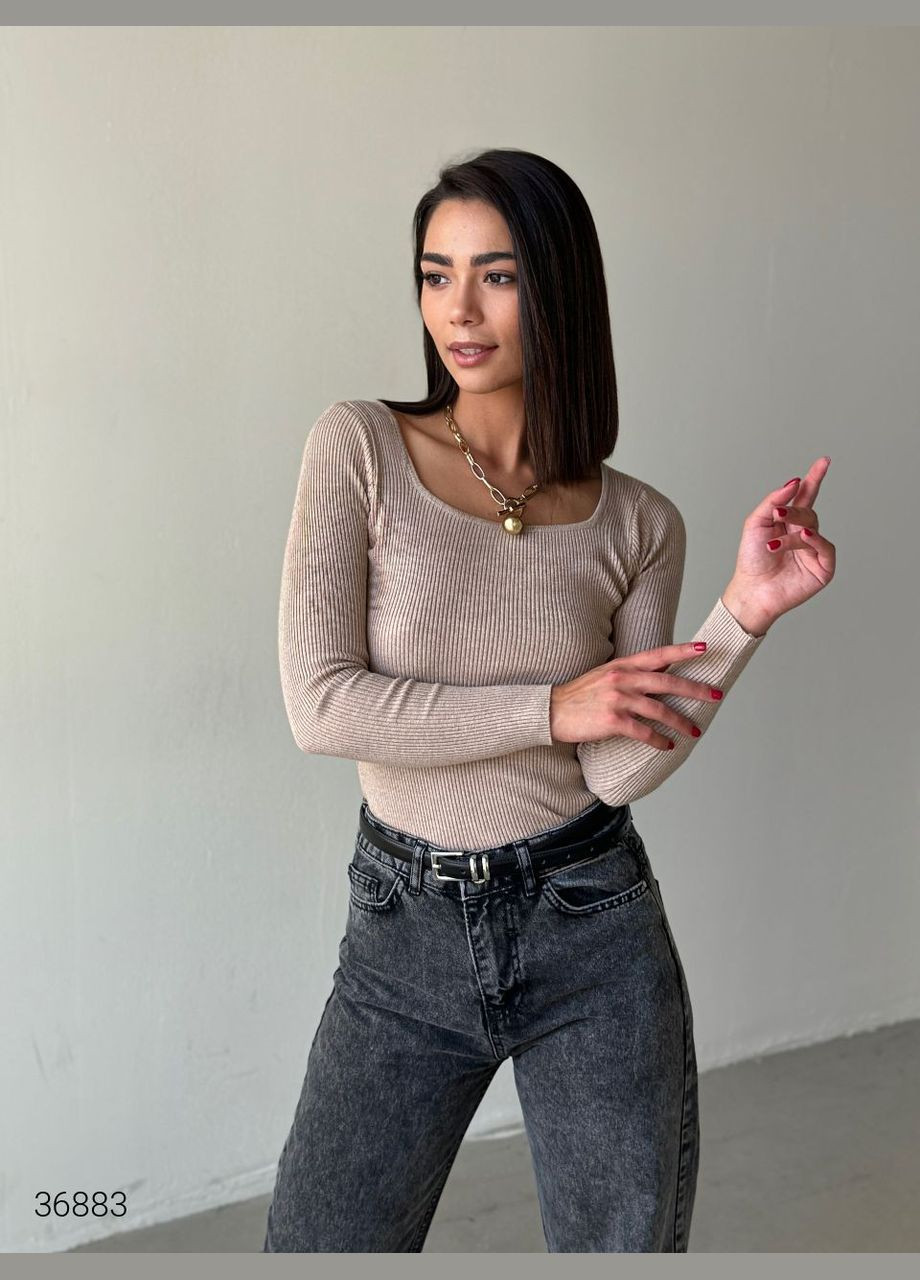 Бежевый демисезонный джемпер в рубчик с квадратным вырезом джемпер Liton