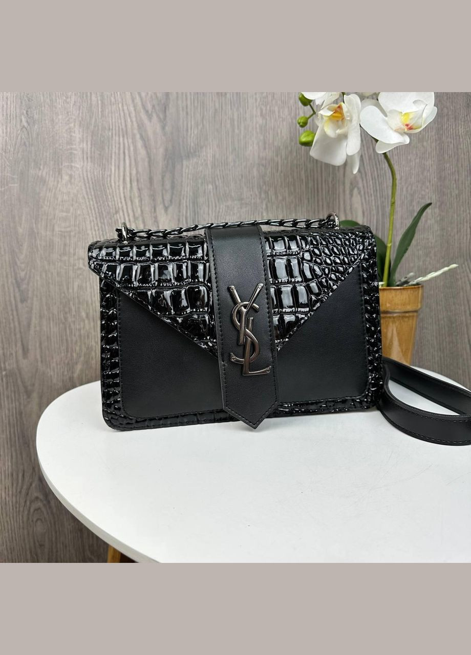 Женская мини сумочка клатч лаковая рептилия с магнитом, цепочка, черная (sku_1617) No Brand (330576168)