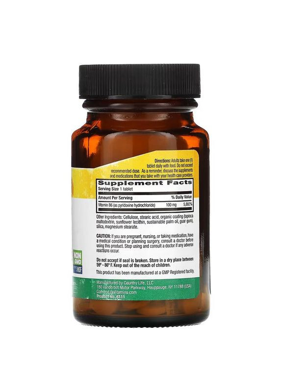 Вітаміни та мінерали Vitamin B6 100 mg, 100 таблеток Country Life (333974169)