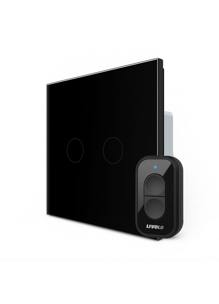 Двухсенсорный радиоуправляемый (дистанционный) сенсорный выключатель, чёрное стекло, с пультом ДУ, 5А 230В, без нейтрали Livolo (371777338)