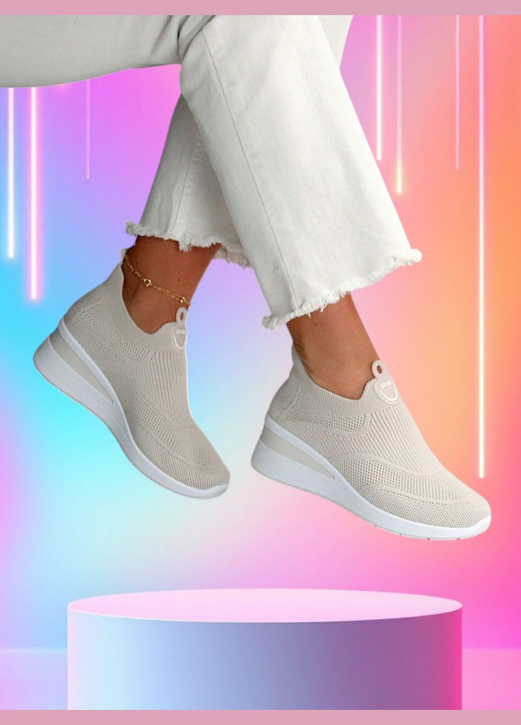 Бежевые летние женские слипоны на танкетке из текстиля, бежевые Hongquan