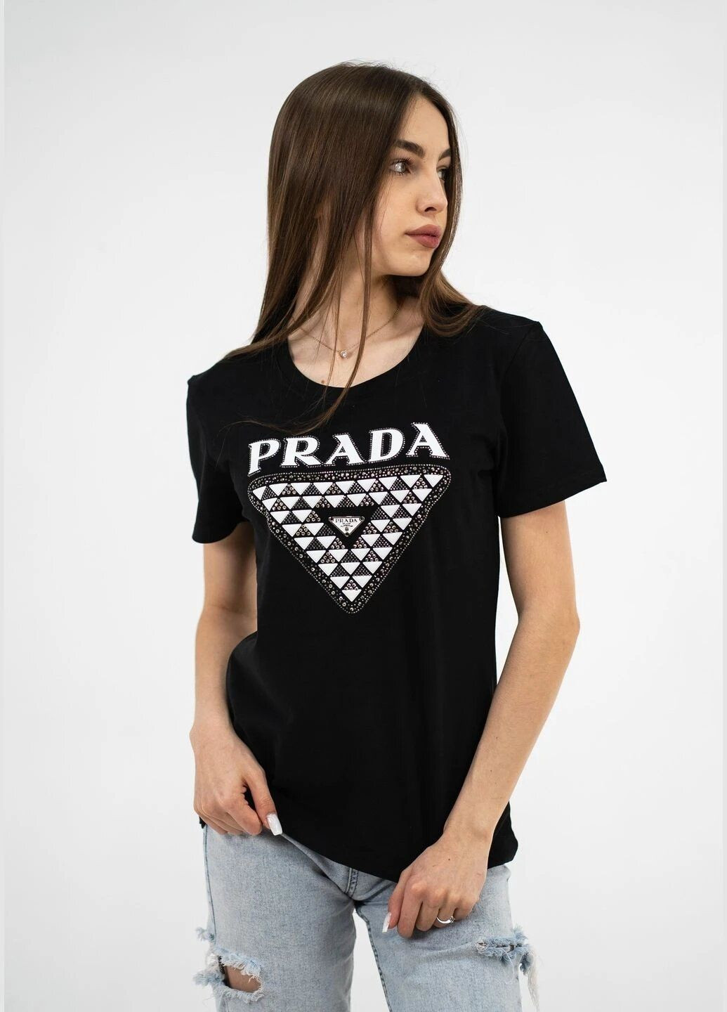Черная летняя футболка женская летняя с рисунком с коротким рукавом Prada