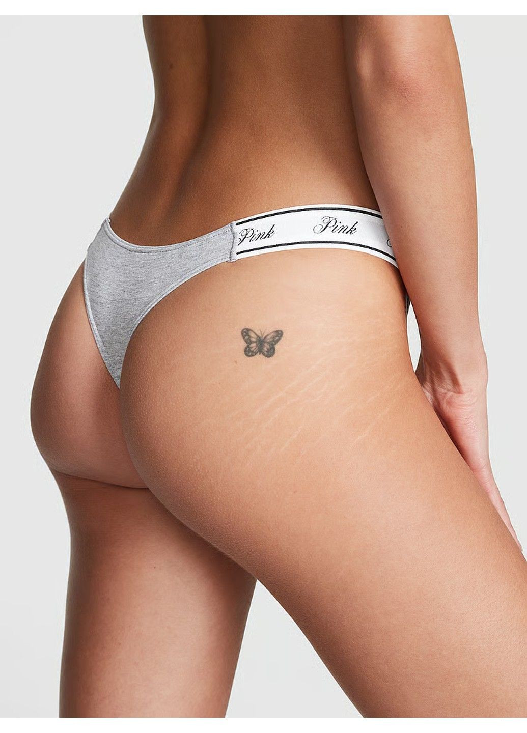 Трусики-стрінги бавовняні PINK Logo Cotton High-Leg Thong Panty сірі L Victoria's Secret (316659397)