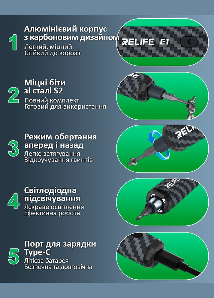 Отвертка аккумуляторная E1 прецизионная/набор бит 12 шт. / карбон / TypeC / 350 mAh Relife (298426628)