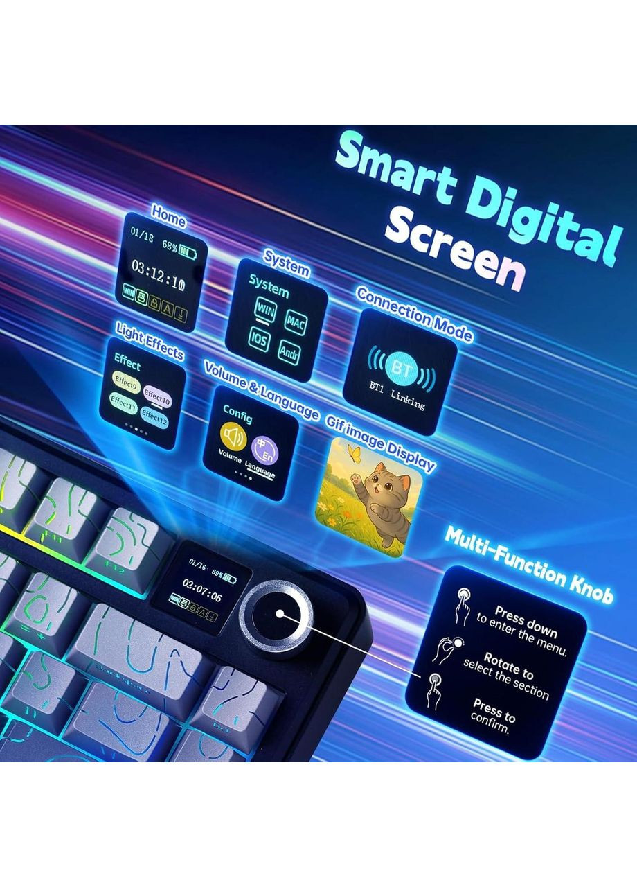 Механическая игровая клавиатура F75 MAX Black Contour Lines с TFT-дисплеем, 2.4G/Bluetooth/Кабель Aula (371132891)