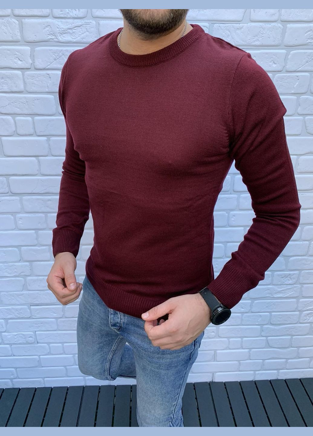 Бордовый демисезонный мужской базовый свитер No Brand