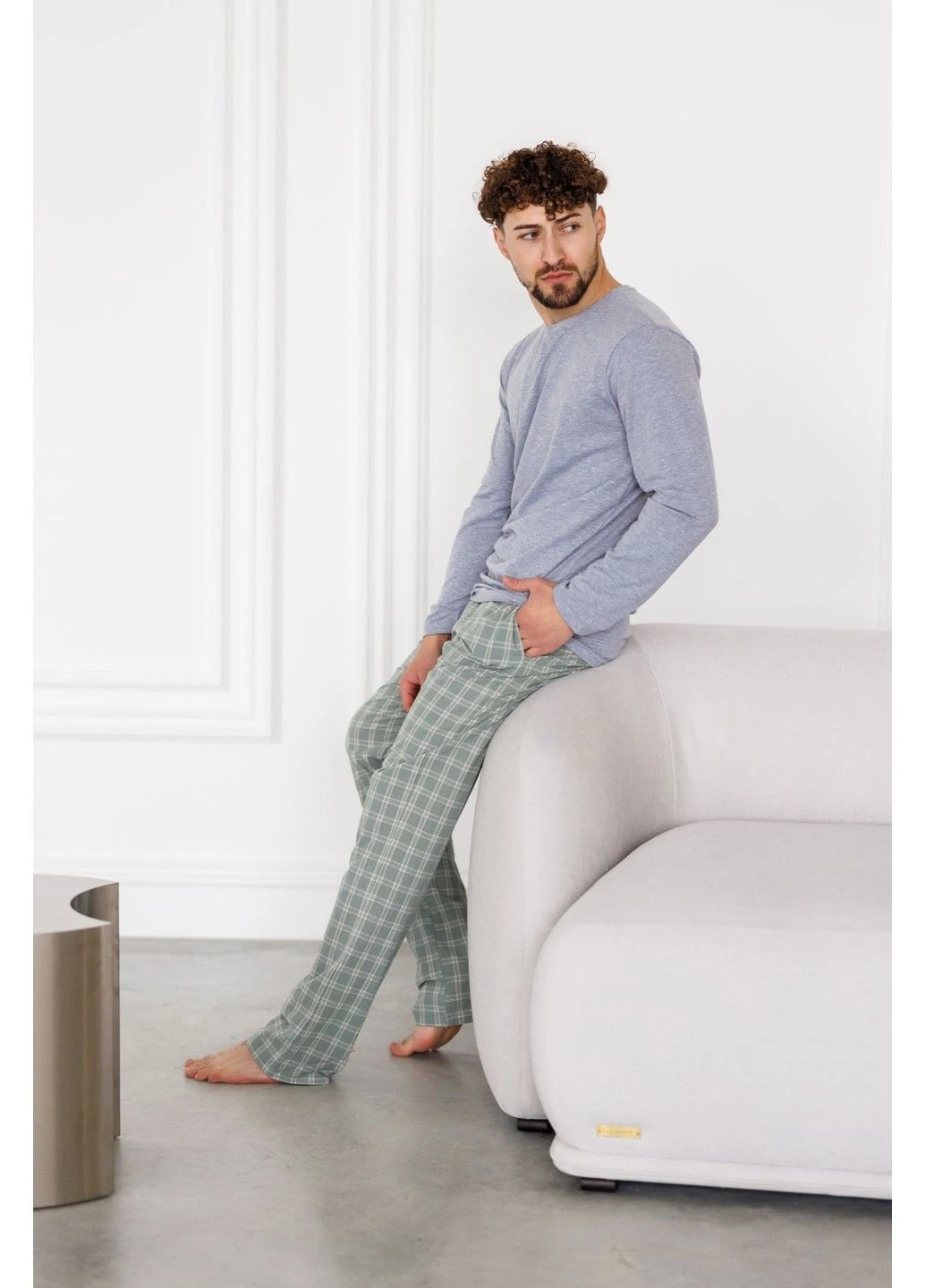 Пижама мужская лонгслив серый + штаны HOMELY в клетку зеленые Handy Wear (311314384)