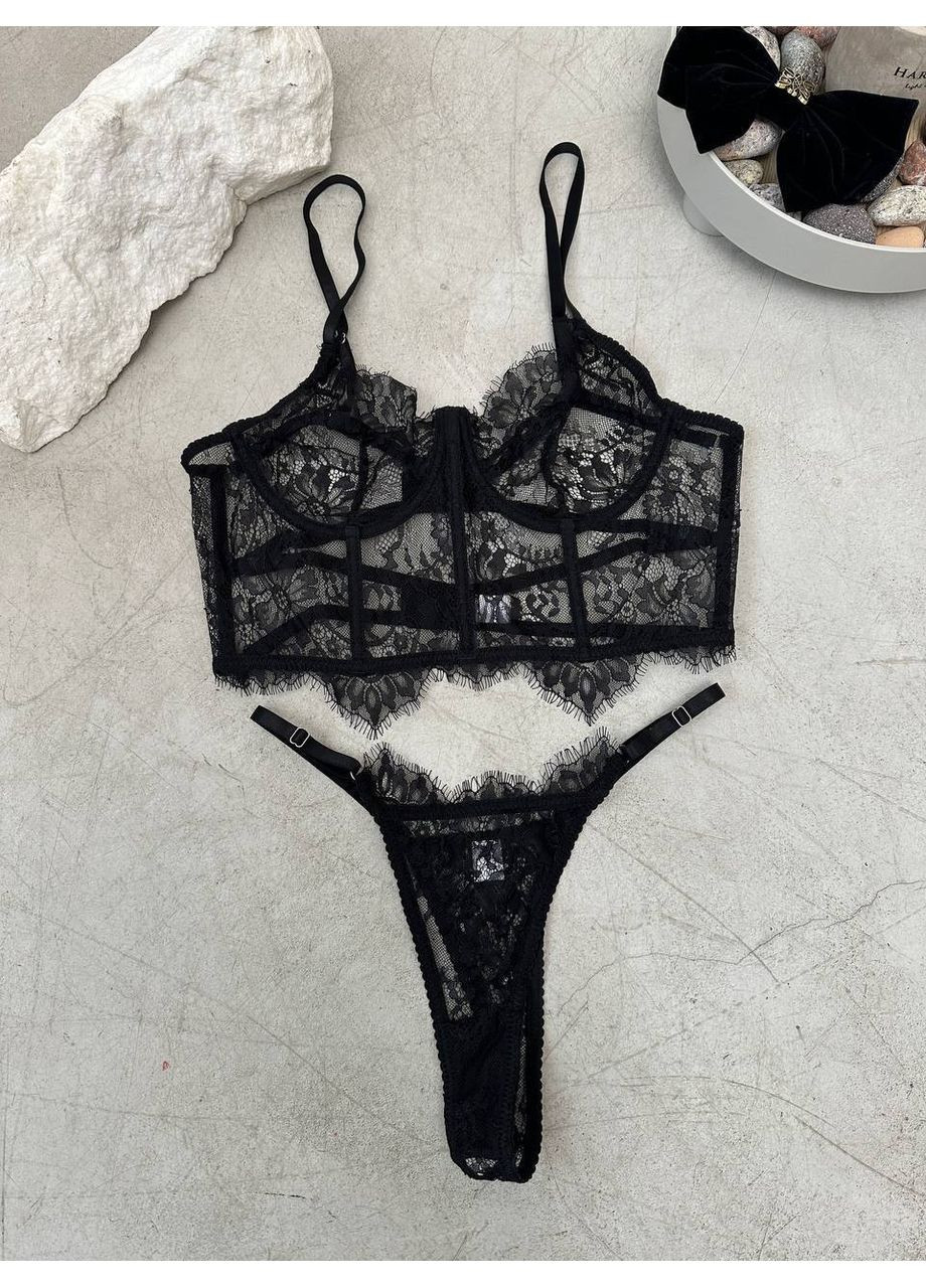Чорний балконет комплект жіночої білизни | стильна гра, чорний мереживний Vital-Textile з кісточками поліестер, еластан