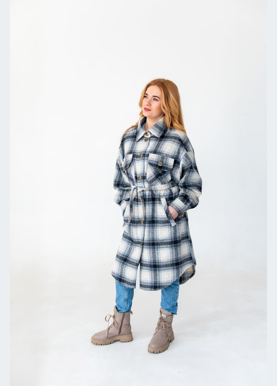 Молочное демисезонное Молочное теплое демисезонное удлиненное клетчатое женское пальто-рубашка оверсайз в клетку с поясом с карманами на кнопках пальто-рубашка No Brand
