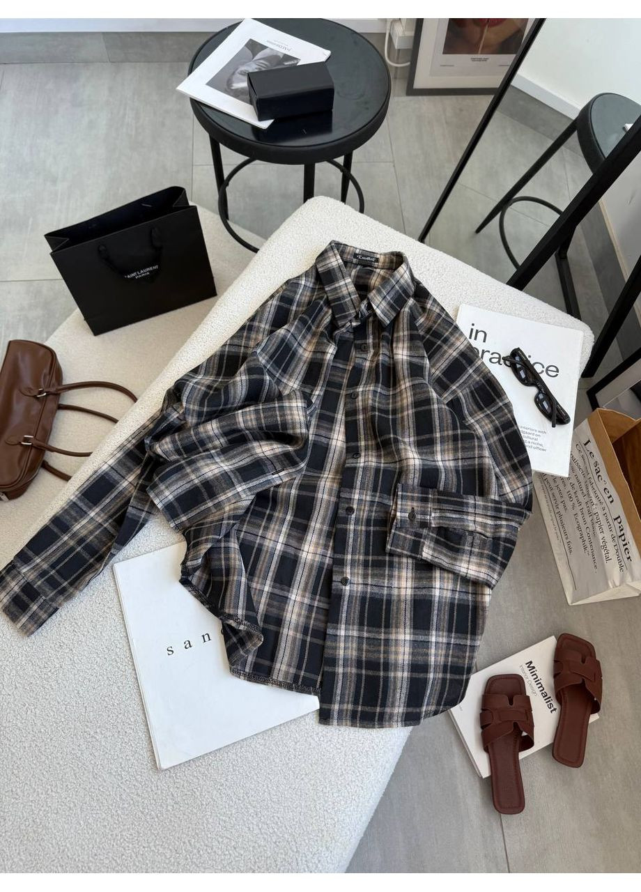 Черная повседневный рубашка в клетку Гермес с длинным рукавом