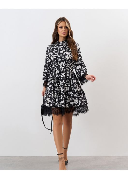 Черное повседневный, кэжуал расклешенное платье с кружевом бэби долл ISSA PLUS с цветочным принтом