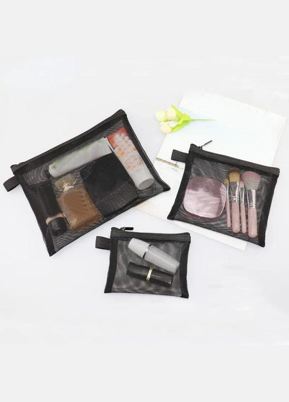 Набір 3 косметичок органайзерів із сітки Чорний плоскі Kimiko (328264322)
