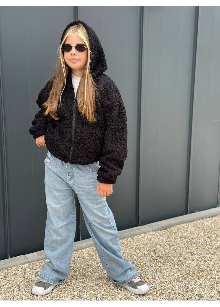Чорна демісезонна хутряна курточка на флісі для дівчаток No Brand