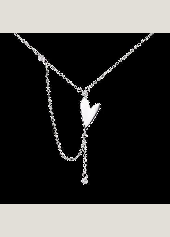 Комплект срібний подовжене Серце сережки пусети та кольє з білими фіанітами Каштан (342335265)