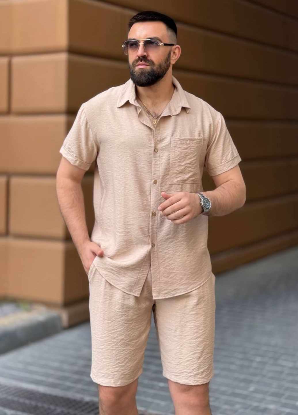 Бежевий літній базовий повсякденний легкий літній костюм двійка: сорочка + шорти з шортами Tik-Tak