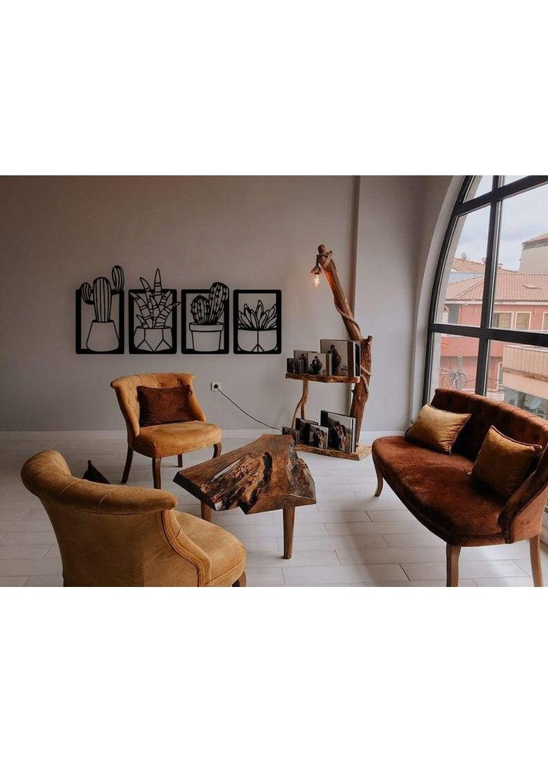 Декоративне панно Кактуси з чотирьох частин, Дерев'яна картина, Картина з дерева Чорний, 200*90 Poleno (367948772)