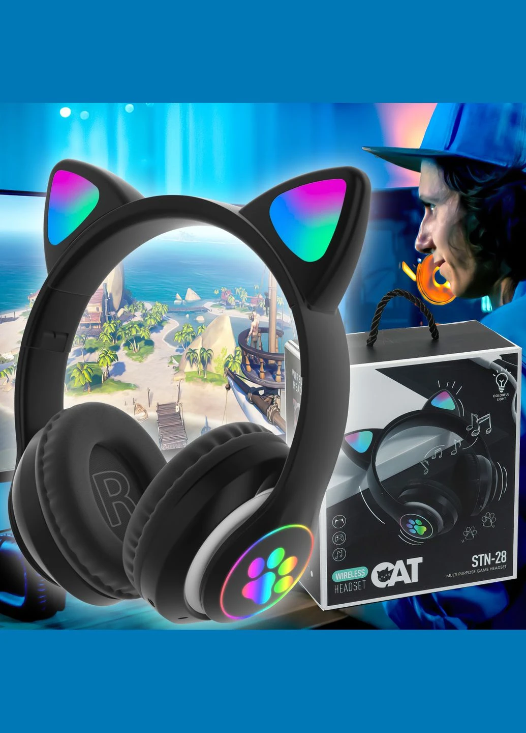 Бездротові портативні bluetooth TWS навушники з котячими вушками Cat STN-28 Чорні No Brand (334011224)