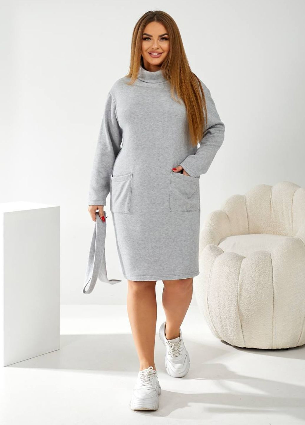 Серое повседневный платье меди с стойкой воротником Allthings однотонное