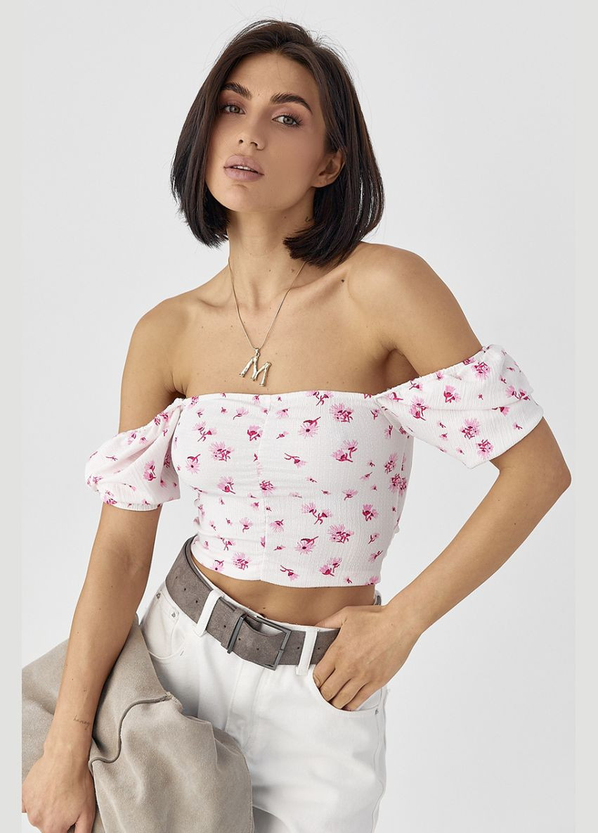 Белая блуза-топ в цветочек с рукавами-фонариками Lurex Блузка