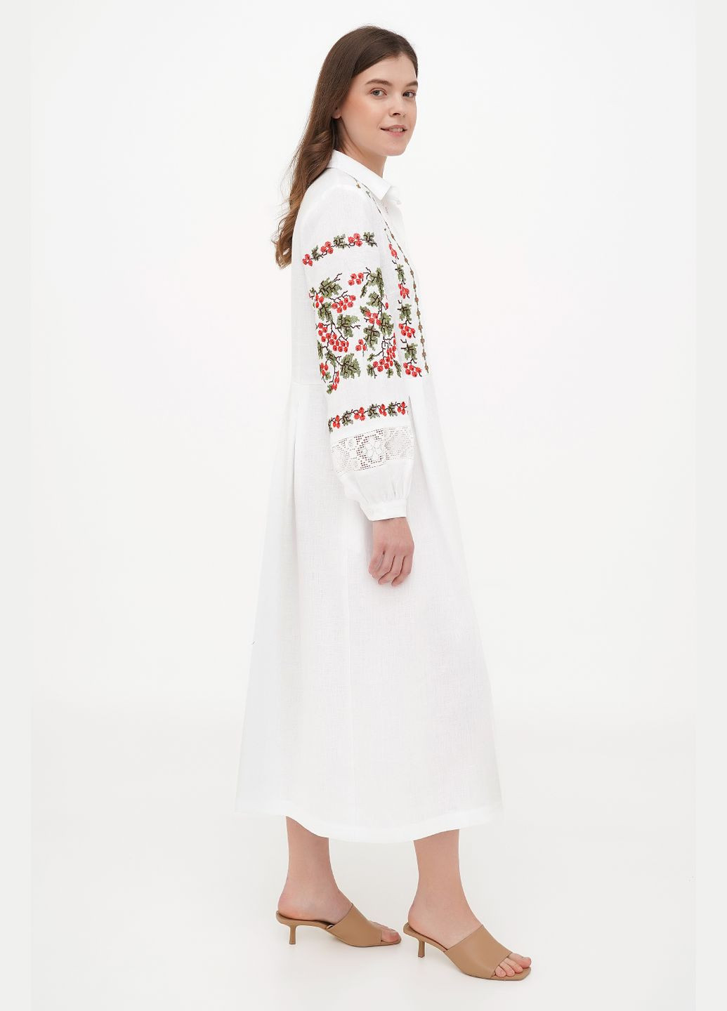 Білий святкова лляна сукня під пояс з мереживом та рослинним орнаментом калина., р., код 0459/54/999 ГАЛЕРЕЯ ЛЬОНУ