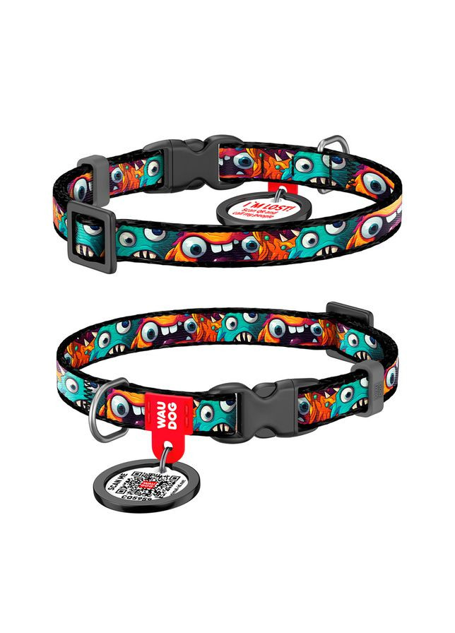 Ошейник для котов и мелких пород собак нейлоновый WAUDOG Nylon с QR паспортом, рисунок "Зубасти монстры", пластиковый фастекс, No Brand (363197133)