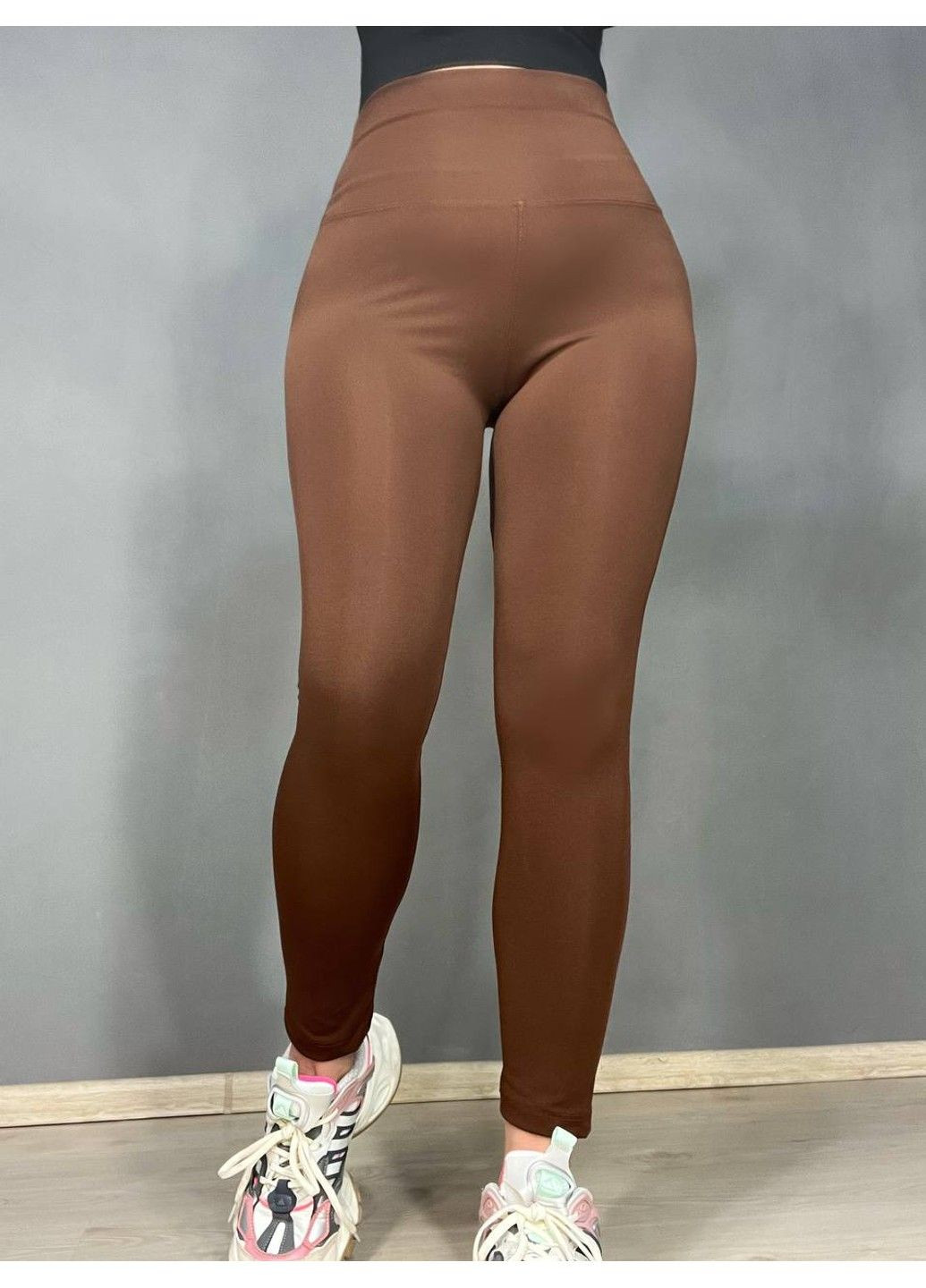 Коричневые демисезонные лосины женские 101 nanofit с широким поясом тонкие коричневые Oysho