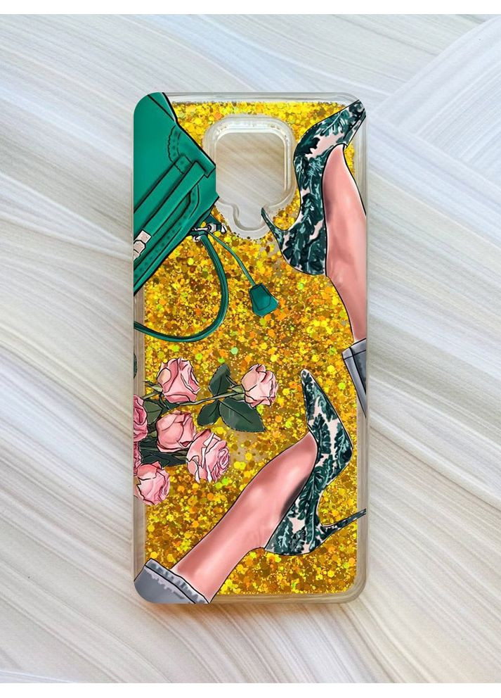 Чохол з плаваючими блискітками для Xiaomi Redmi Note 9 Pro/9 Pro Max/9S Золотий Туфельки і квіти (принт 225) CASE CONTROL (360681894)