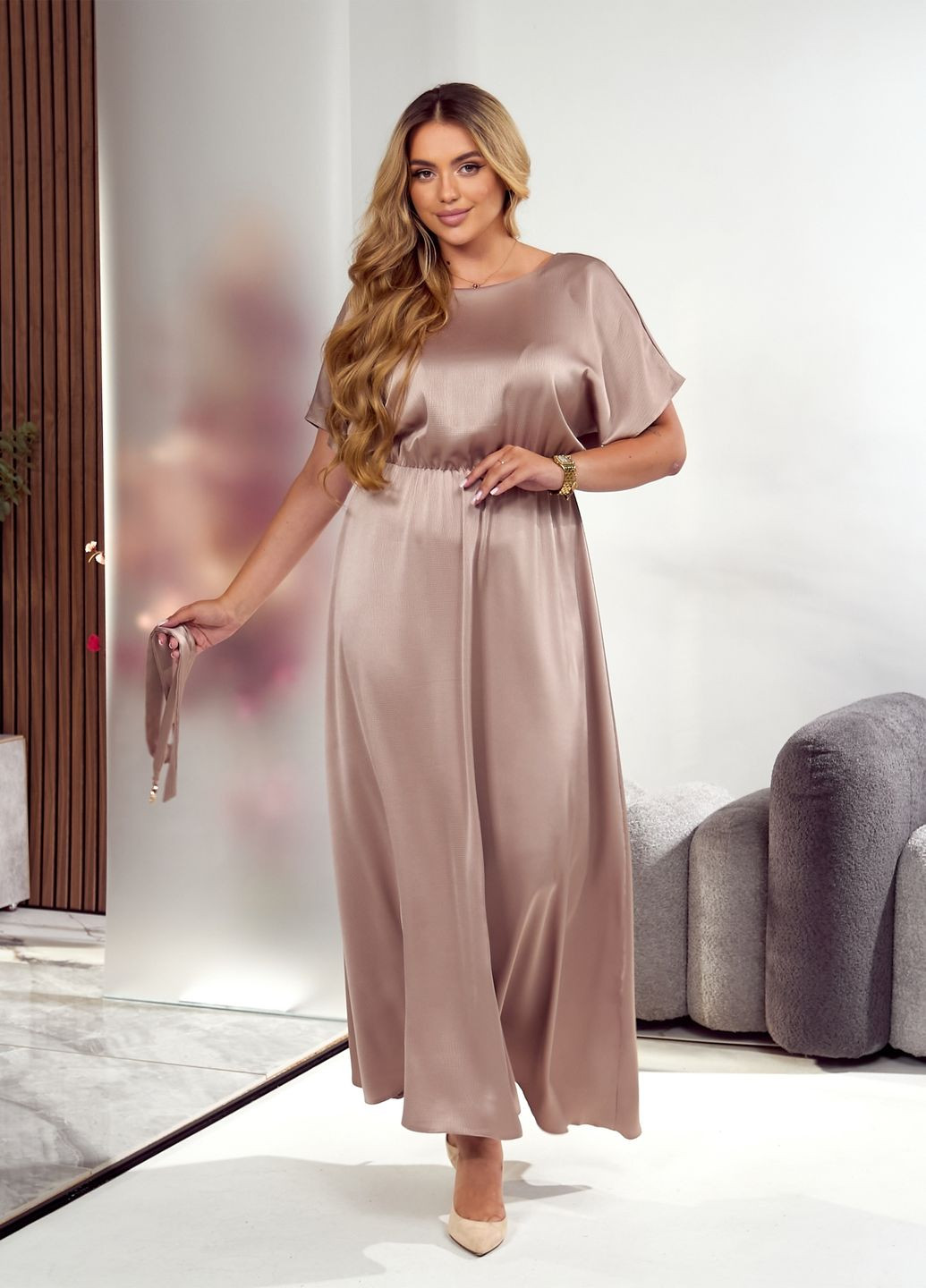 Темно-бежева святковий, коктейльна, вечірня вечірня сукня максі довжини з відкритою спиною та поясом дзвін, з відкритою спиною No Brand однотонна