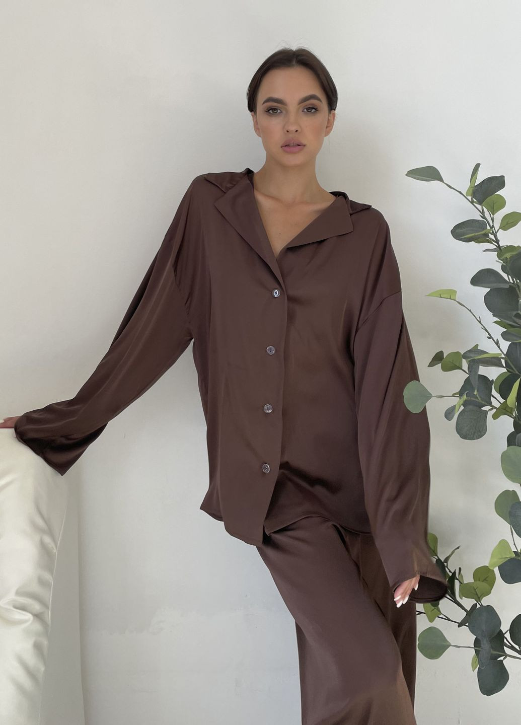 Коричневая всесезон пижама коллекции «объятия» с принтами (сорочка, штани, резинка) VIDCHUY