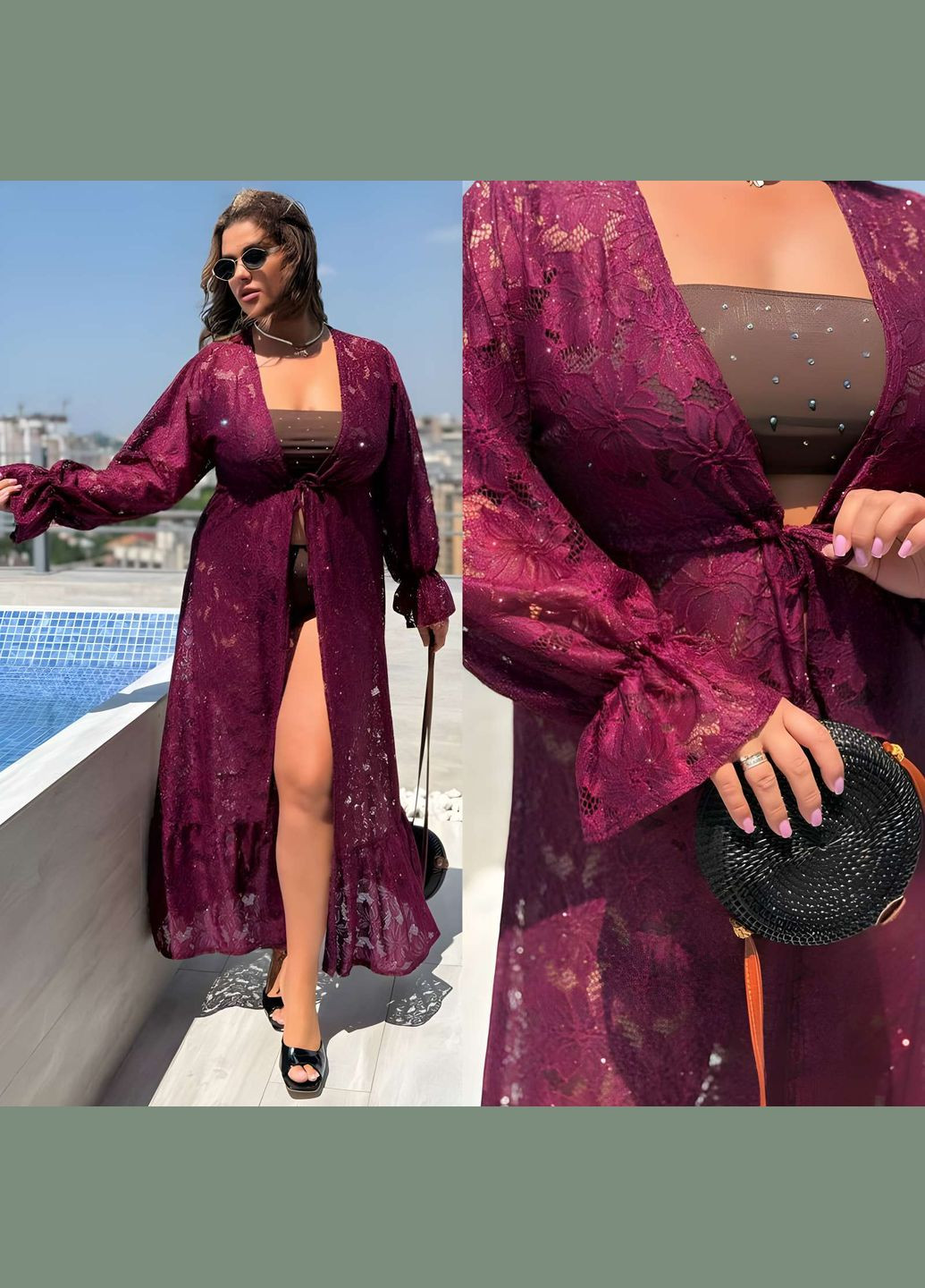 Летняя нежная легкая гипюровая кружевная пляжная накидка парео туника синяя Україна (345557347)