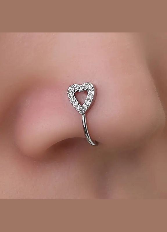 Сережка для пірсингу носа сережка в ніс без пробивання кліпса Серце з білими кристалами мідь срібляста Liresmina Jewelry (315145125)