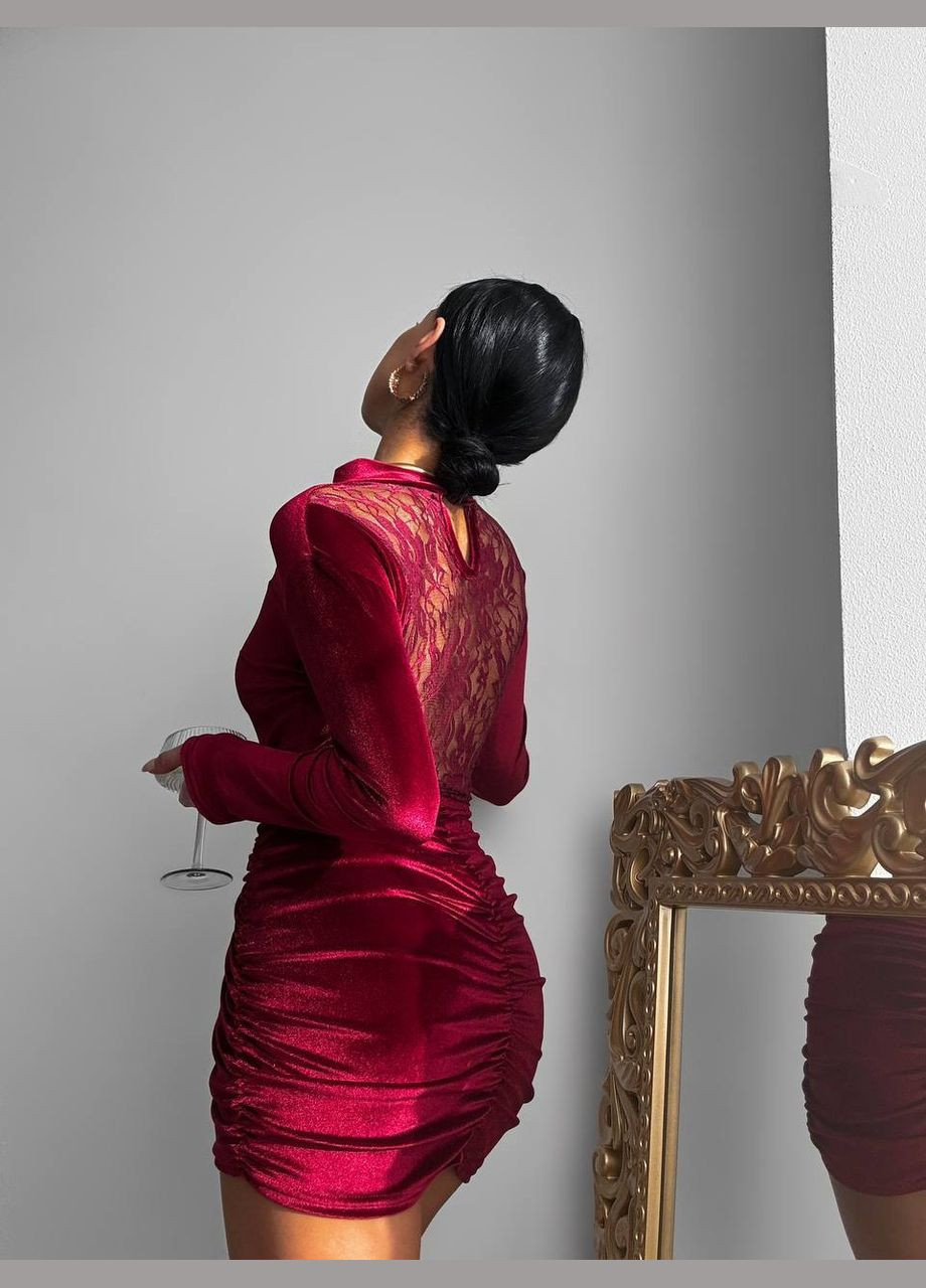 Бордова святковий, коктейльна, вечірня оксамитова сукня з кружевом No Brand