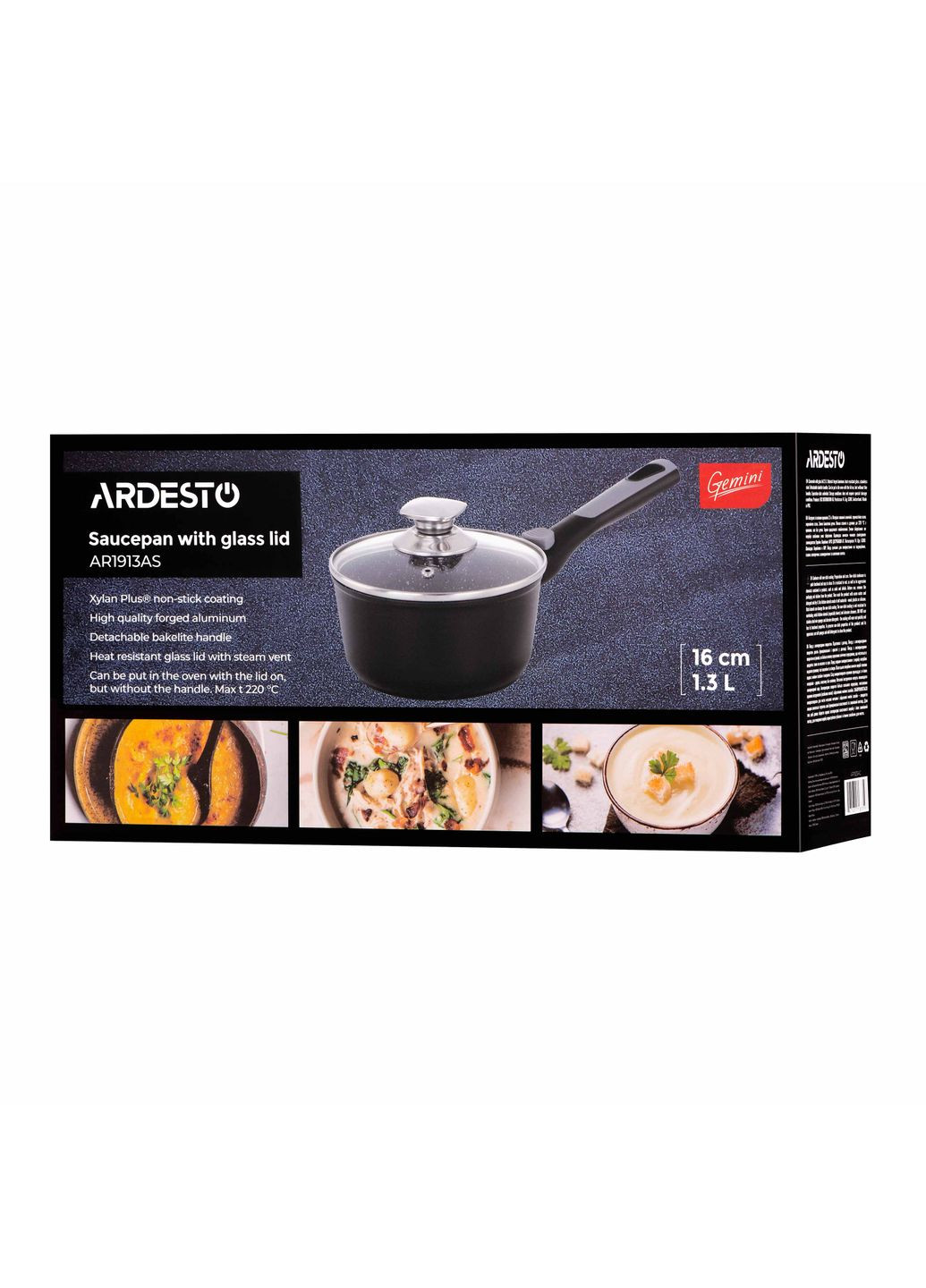 Ківш зі скляною кришкою Gemini Bari, 1.3л, алюміній, чорний Ardesto (370621087)