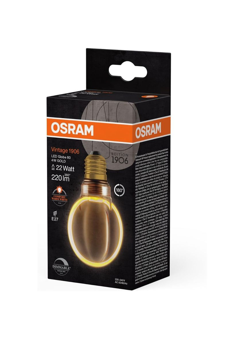 Лампа Vintage 1906 Globe 80, 4 Вт, 220 лм, 1800K, теплий білий світ, скло без свинцю, цоколь E27, IP20, золотий відтінок Osram (372154200)