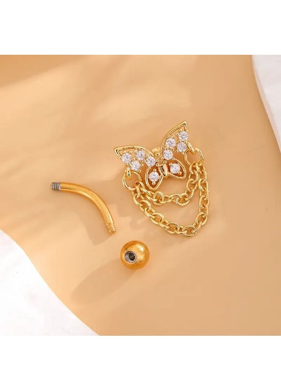 Серьга для пирсинга пупка золотистая Бабочка с белыми кристаллами и цепочками 3.3 см Liresmina Jewelry (351355716)