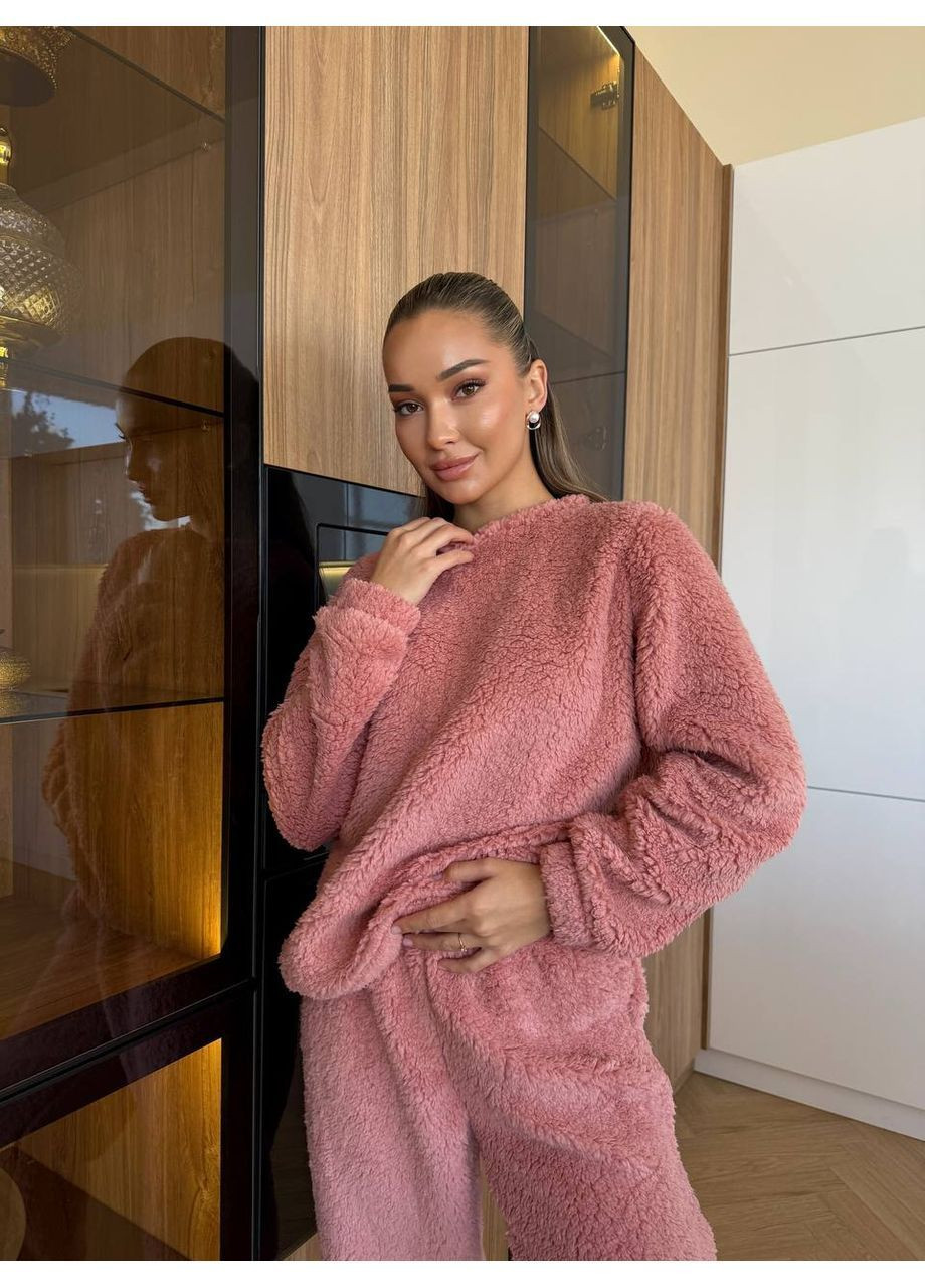 Пудровая зимняя уютная пижама из ворсистой ткани тедди No Brand