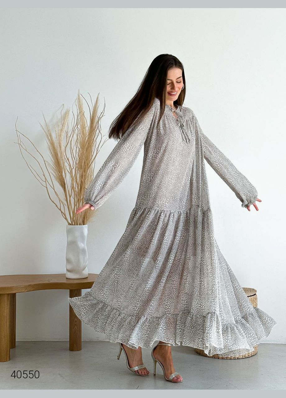 Сіра повсякденний шифонова сукня максі Liton з абстрактним візерунком
