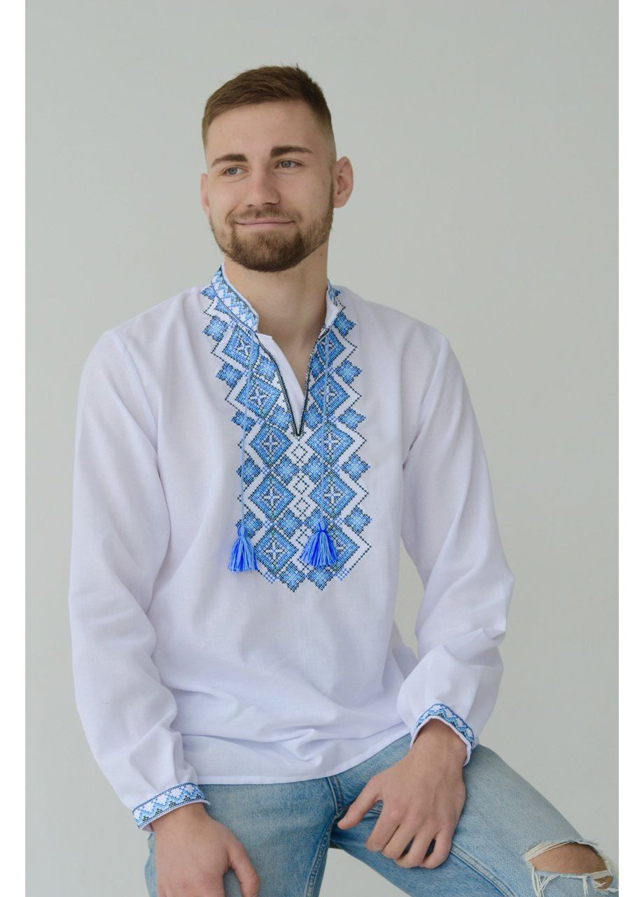 Блакитна вишивка для хлопчика підлітка з сірим орнаментом візерунок орнамент домоткане полотно (352473807)