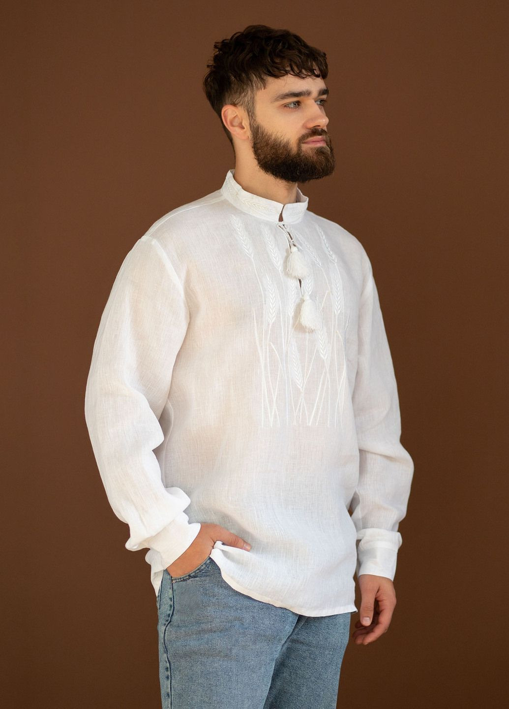 Белая рубашка мужская Едельвіка лен (364668401)