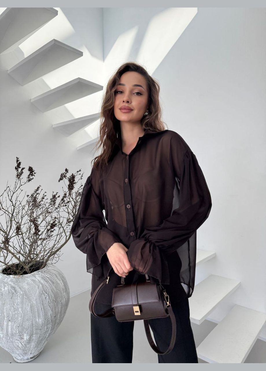 Коричнева жіноча прозора шифонова блуза блузка на гудзиках чорна No Brand